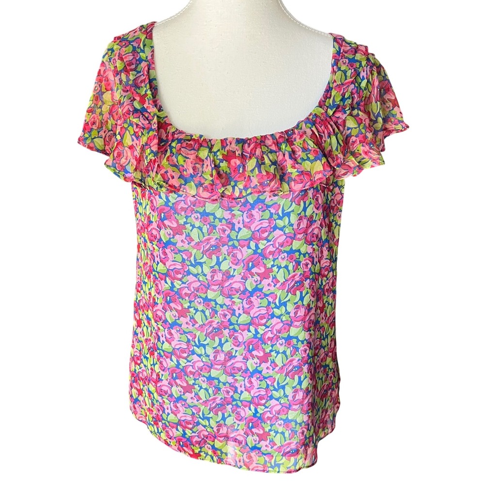 Nannette Lepore Rosette Top Size 6 Electric Blue Floral 100% Silk Ruffle